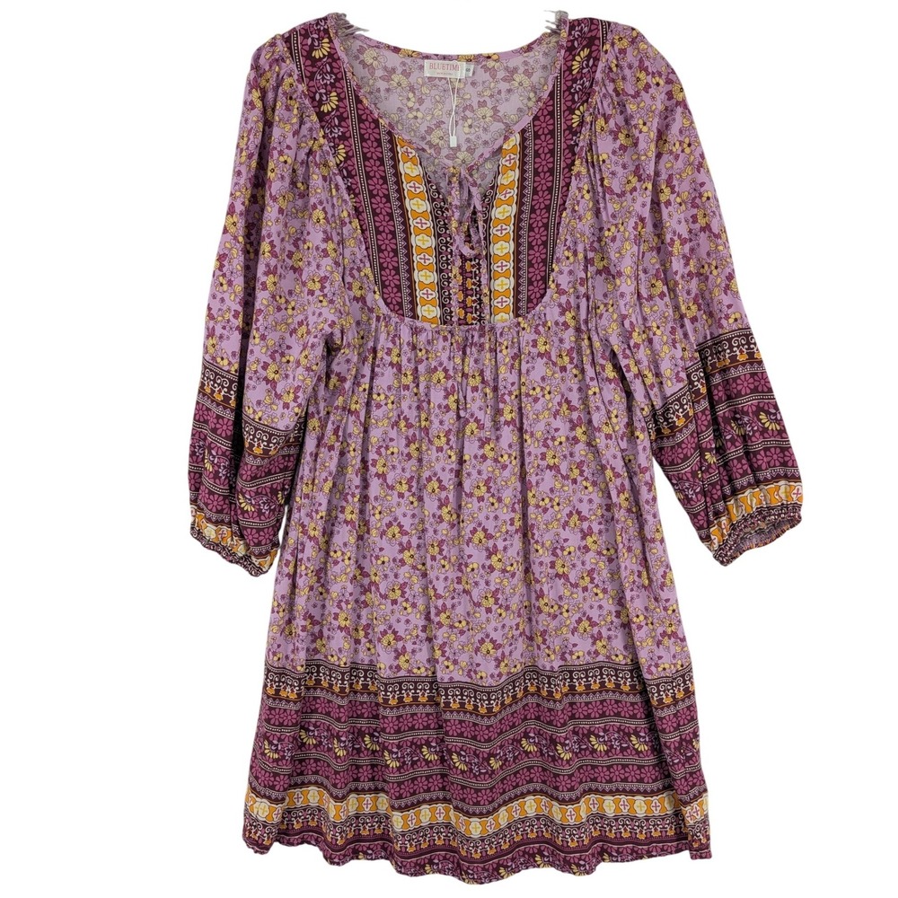 Purple Geometric Floral Boho Mini Dress‎ Womens Small V-Neck Hippie Peasant